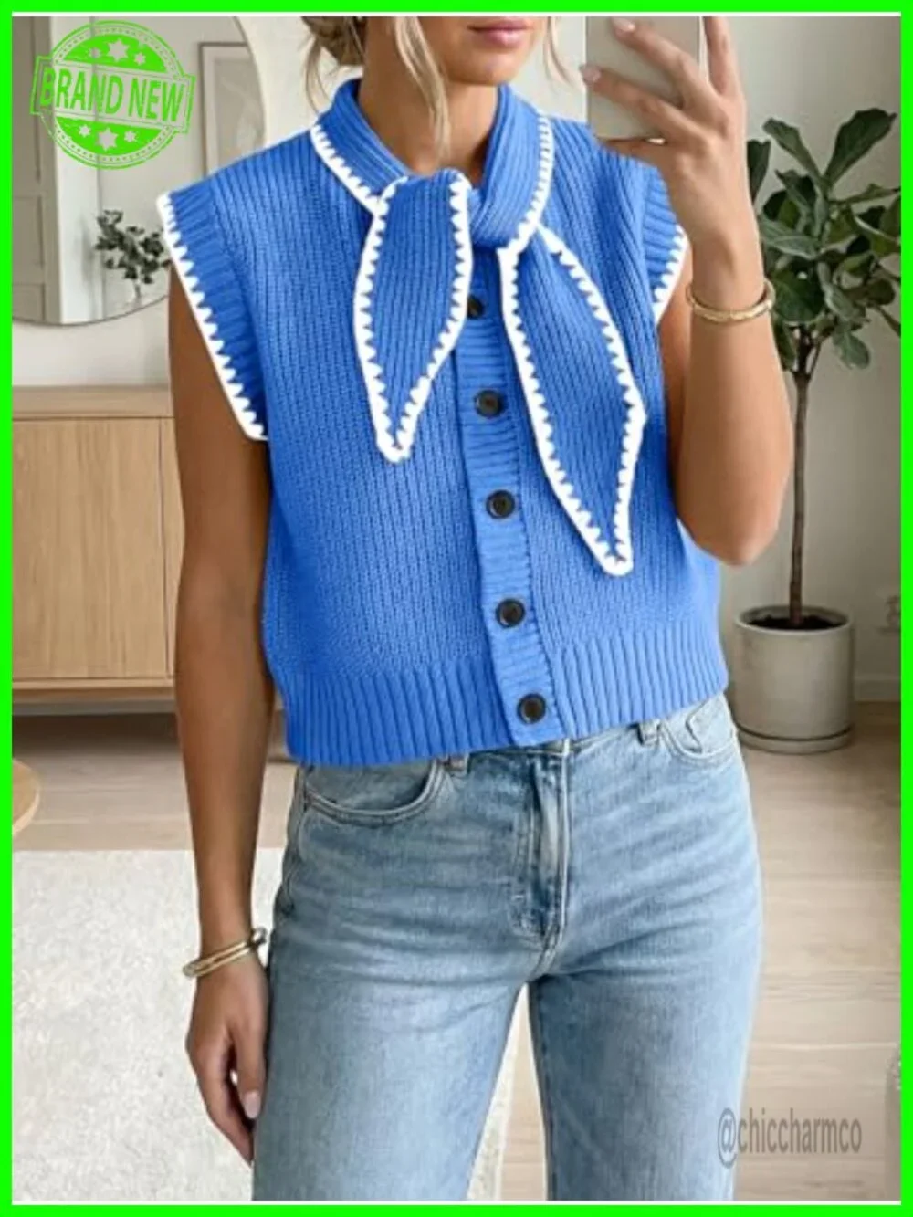 Sleeveless Sweater Vest Tie Front Color Block Button Down Knit Tank Top Summer